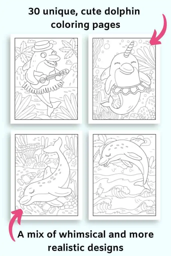 Text "30 unique, cute dolphin coloring pages" and "a mix of whimsical and more realistic designs"