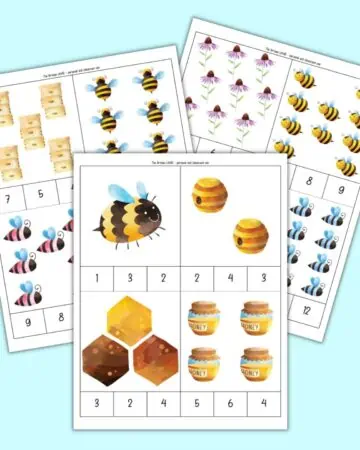 A preview of three pages of bee themed count and clip card for preschoolers. The pages are on a light blue background.