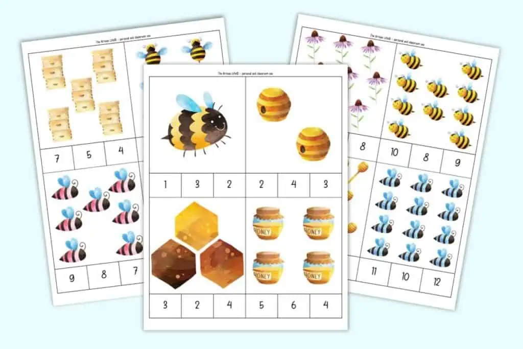 A preview of three pages of bee themed count and clip card for preschoolers