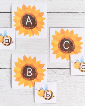 A preview of three pairs of alphabet matching cards. Uppercase letters A B and C are on sunflowers and lowercase letters a b and c are on bees