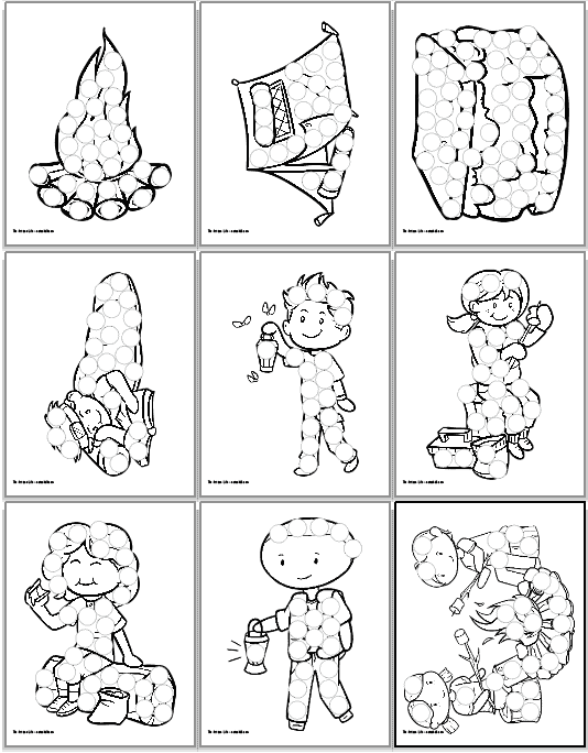 A preview of a 3x3 grid of printable camping themed dot marker coloring pages