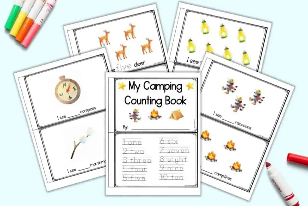 A preview of five pages of printable camping themed counting book for preschoolers and kindergarteners. Each sheet has two pages to cut apart with clipart with "I see ___" to fill in the number of items shown
