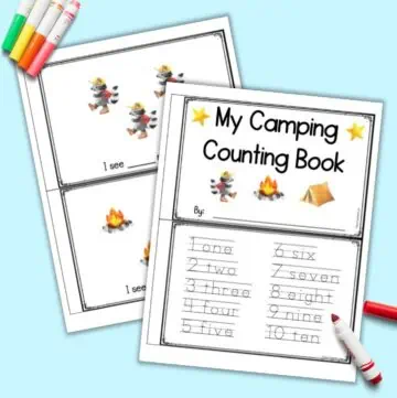 A preview of the font page from a "my camping counting book" printable an interior page with raccoons and campfires to count