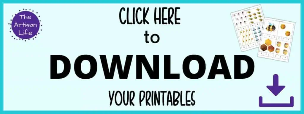 Text "click here to download your printables" (bee theme count and clip cards)