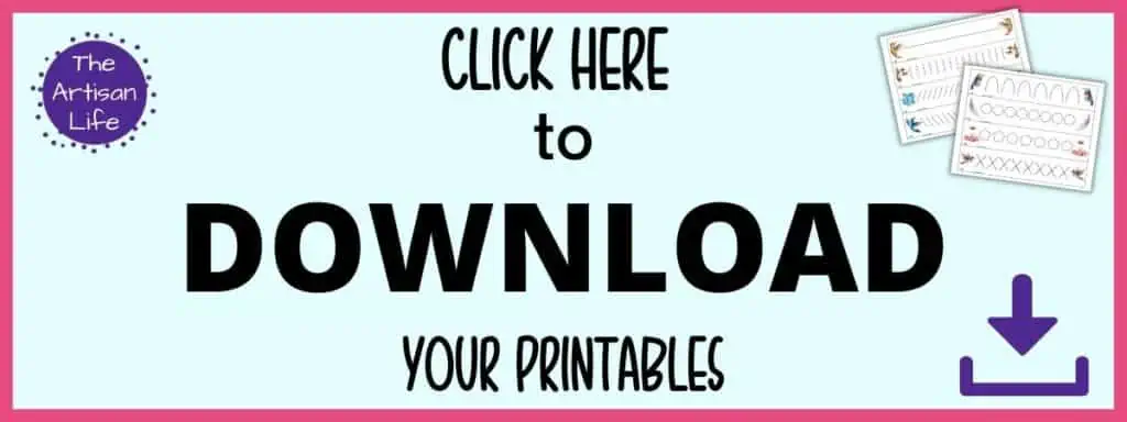 text "click here to download your printables" (hummingbird prewriting pages)