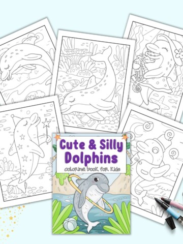 A preview of the front cover for a Cute and Silly Dolphin coloring book and five interior pages