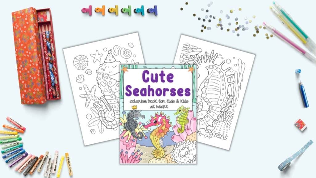 The front cover of and two pages from a cute seahorse coloring book for kids 