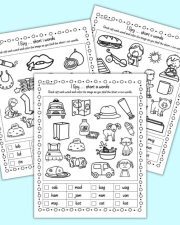 A preview of tree pages of CVC word I Spy page. Each page has 12 short vowel CVC words and images to color.