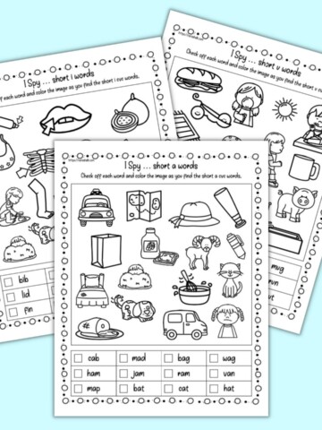 A preview of tree pages of CVC word I Spy page. Each page has 12 short vowel CVC words and images to color.