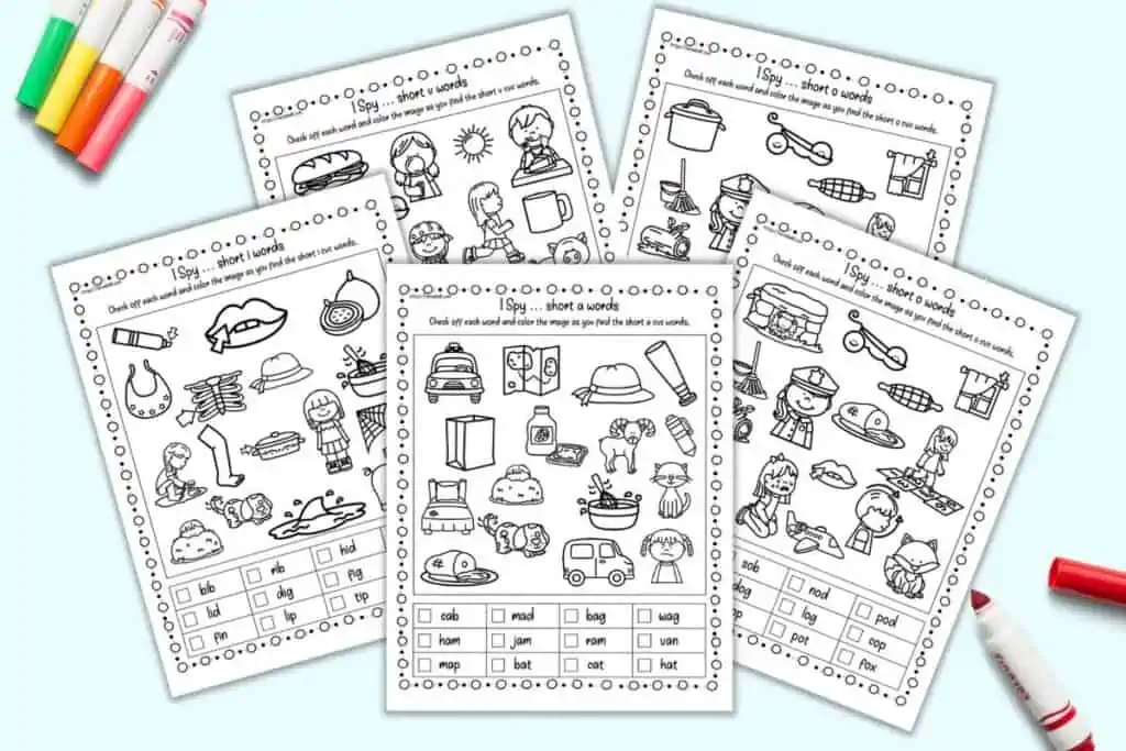 A preview of five pages of CVC word I Spy page. Each page has 12 short vowel CVC words and images to color.