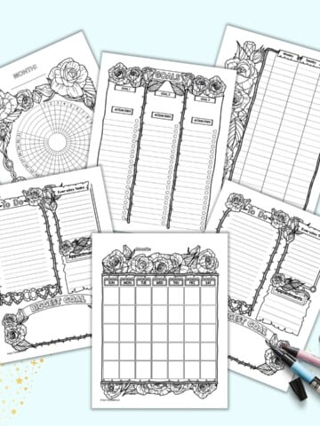 A preview of six pages of rose themed bujo planner printable including a monthly calendar, a daily log, a two page weekly log, a goals tracker and a habit tracker. The pages are shown on a light blue background with two markers.