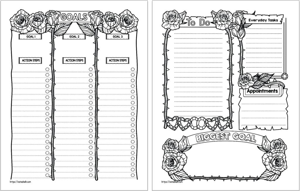 A preview of two pages of rose themed planner pages. On the left is a goals planner page and not eh right is a daily log page.