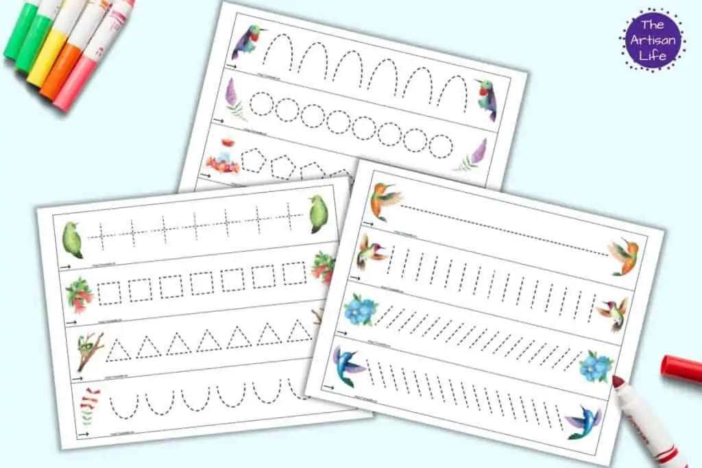 A preview of three pages of prewriting practice shapes with a hummingbird theme. Each page has four cards to cut apart with a specific prewriting practice shape for preschoolers to trace.