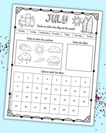 A printable July calendar worksheet for children. There is space for the child to circle the day's date, color the weather, write the date, and circle the date.