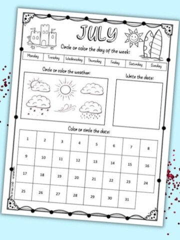 A printable July calendar worksheet for children. There is space for the child to circle the day's date, color the weather, write the date, and circle the date.