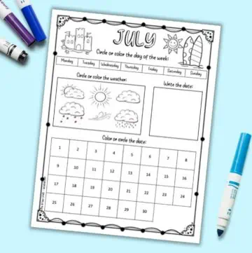 A printable July calendar worksheet for children. There is space for the child to circle the day's date, color the weather, write the date, and circle the date. The page is on a blue background with children's markers.