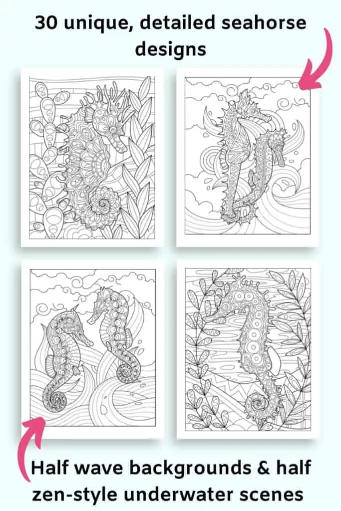 Text "30 unique, detailed seahorse designs" and "half wave backgrounds and half zen-style underwater scenes" with a preview of four detailed mandala seahorse coloring pages for adults