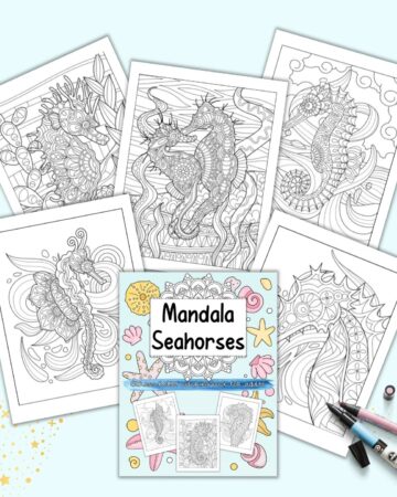 A preview of the front cover of and five pages from a mandala seahorse coloring book for adults