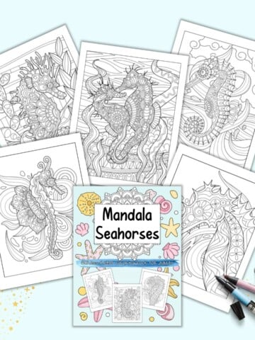 A preview of the front cover of and five pages from a mandala seahorse coloring book for adults