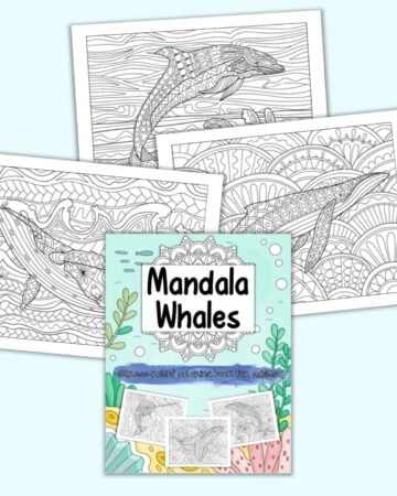 A preview fo the front cover of and three pages from a zen-style whale themed coloring book for adults