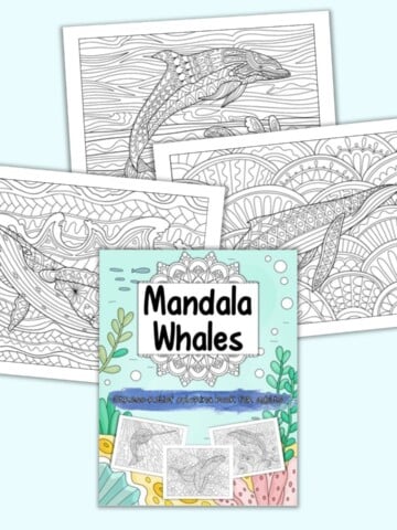 A preview fo the front cover of and three pages from a zen-style whale themed coloring book for adults