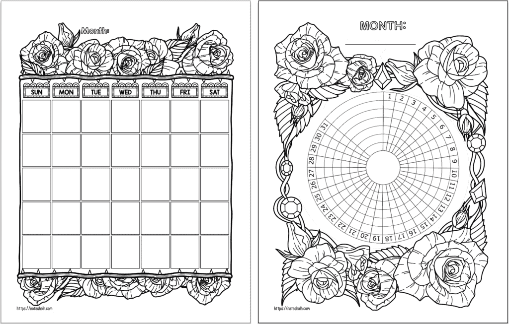 A preview of two rose themed bujo planner pages. On the left is a blank, undated calendar page. On the right is a habit tracker.