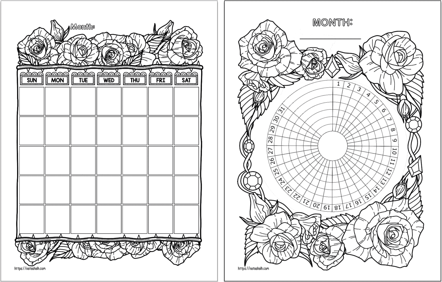 A preview of two rose themed bujo planner pages. On the left is a blank, undated calendar page. On the right is a habit tracker.