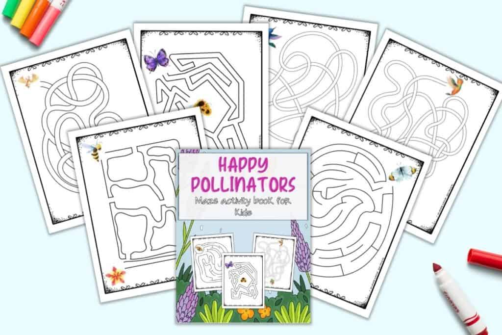 A preview of the front cover of and six pages from a pollinator themed book of mazes for children. 