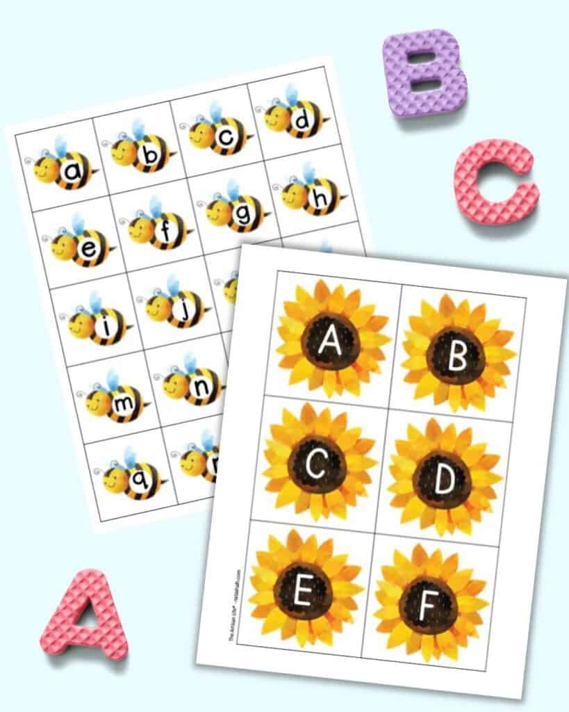 A preview of two pages of printable alphabet matching pages. The front page has uppercase letters on sunflowers and the page behind has lowercase letters on cute bees.
