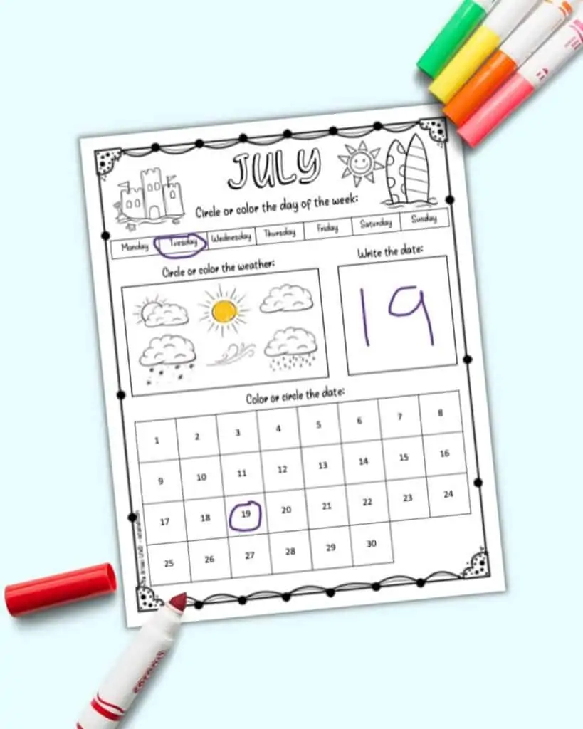 A preview of a July calendar worksheet completed for a sunny Tuesday the 19th of July.