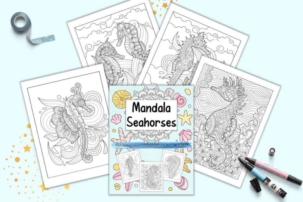 A preview of the front cover of and four pages from a mandala seahorse coloring book for adults