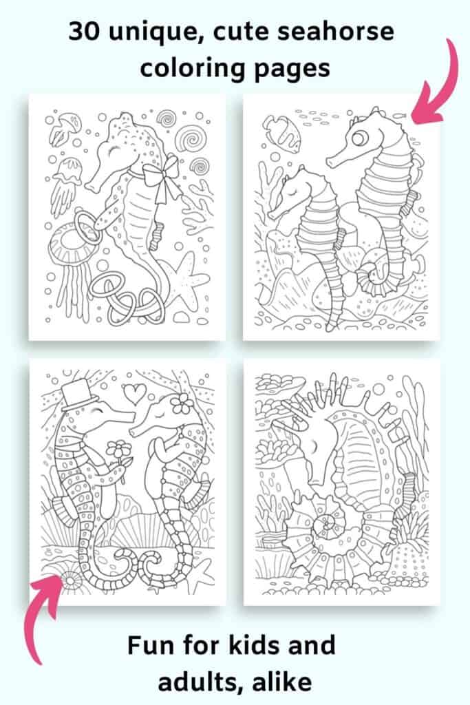 Text "30 unique, cute seahorse coloring pages" and "fun for kids and adults, alike" with previews of four seahorse coloring pages. 