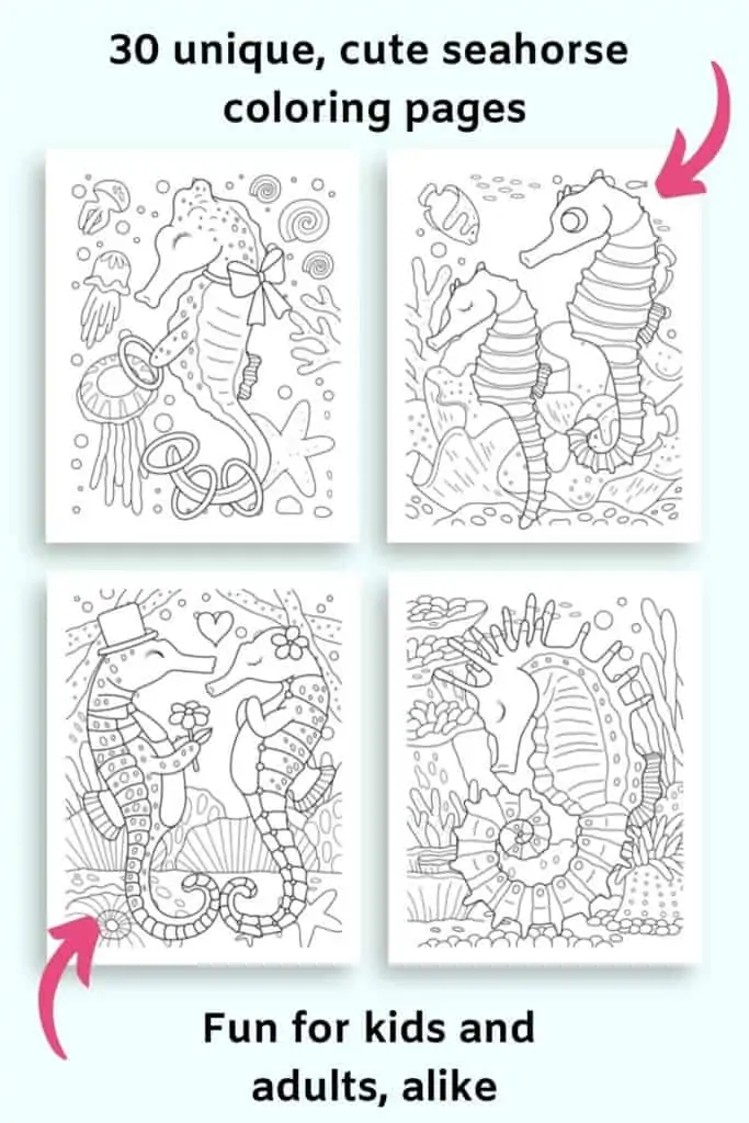 Text "30 unique, cute seahorse coloring pages" and "fun for kids and adults, alike" with previews of four seahorse coloring pages. 