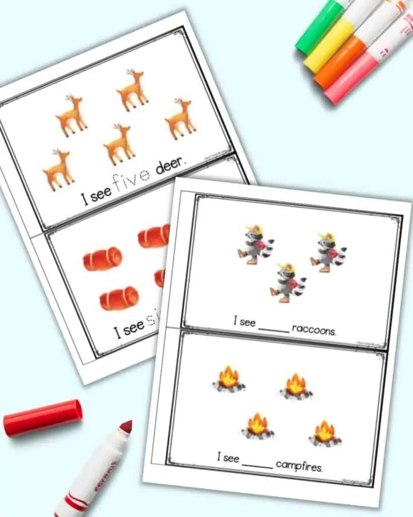 A preview of two pages of camping themed counting book printable. Each page has camping related clipart to count and a place to write how many.