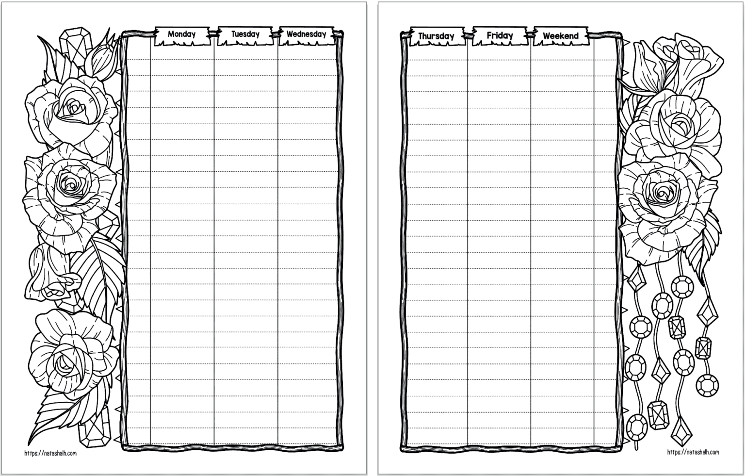 A preview of two pages of rose themed bujo planner pages. The pages are daily logs with 24 spots for planning hourly.