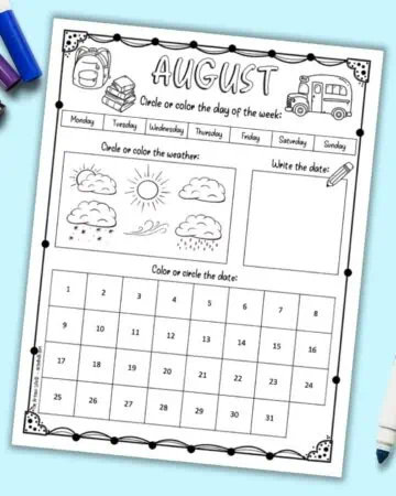 An August calendar worksheet for kids with space for a child to circle the day, date, and weather