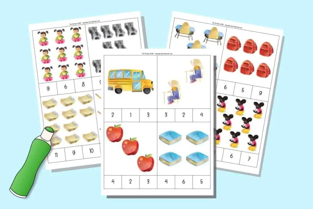 A preview of three pages of count and clip card printables with back to school clipart and numbers 1-12