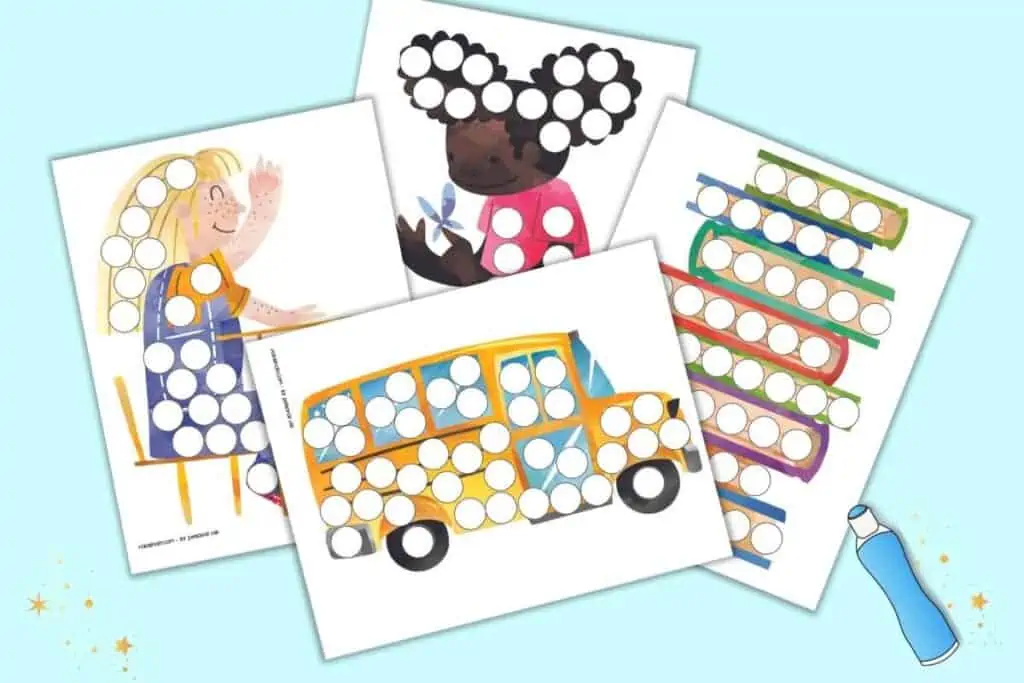 A preview of four back to school themed dot marker pages for toddlers, preschool, and kindergarten.
