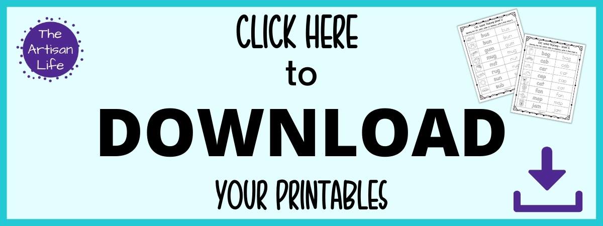 Text "click here to download your printables" (CVC word tracing worksheets"