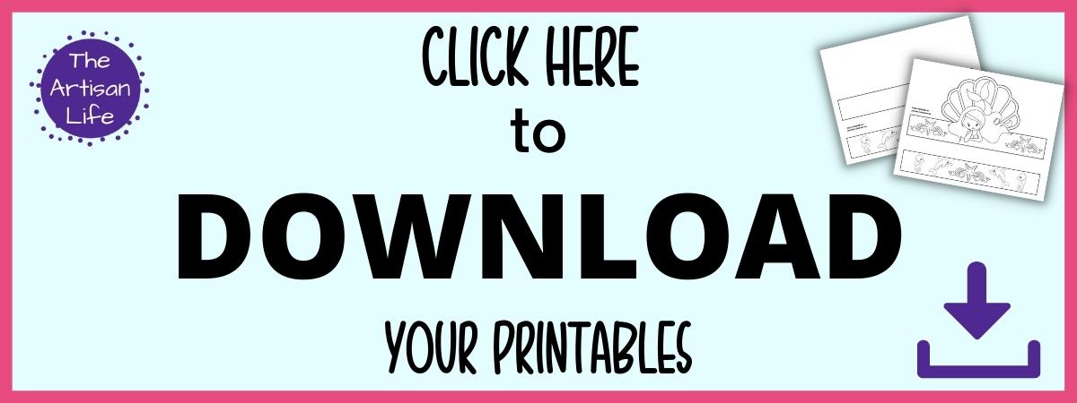Text "click here to download your free printables" (mermaid headband craft)