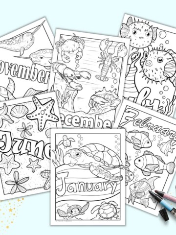A preview of six printable divider pages. Each page has the name of the month and ocean animal elements to color.
