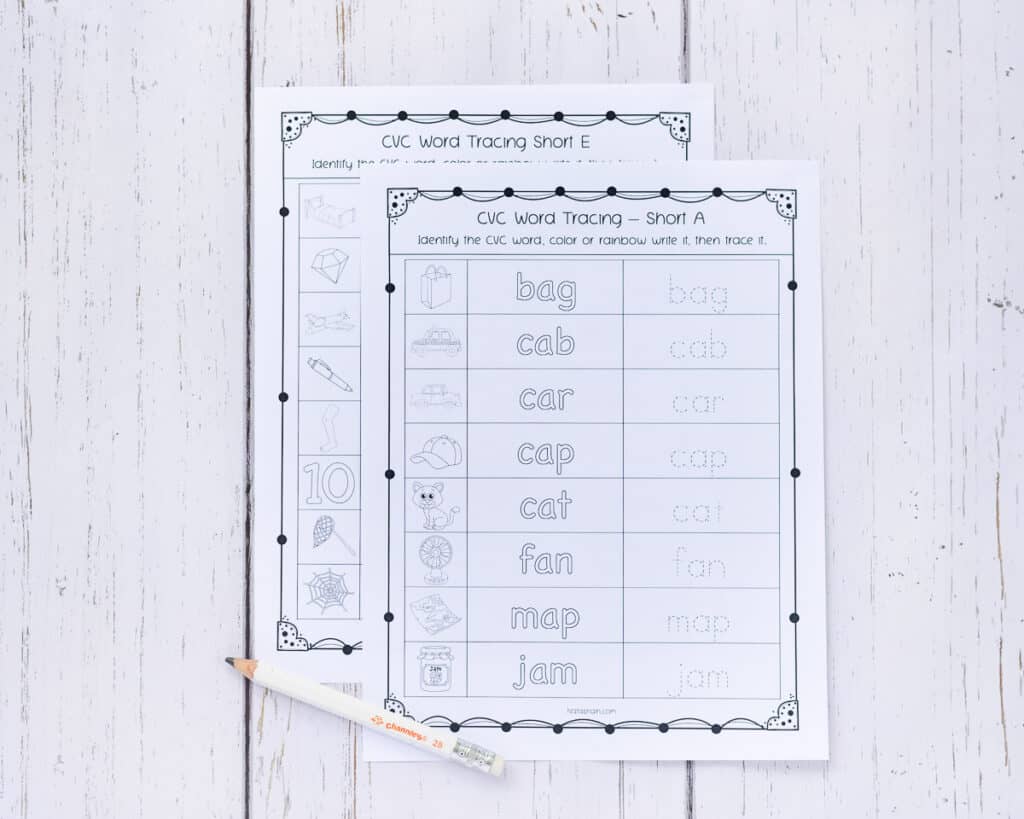 A preview of two printed short vowel CVC short word worksheets