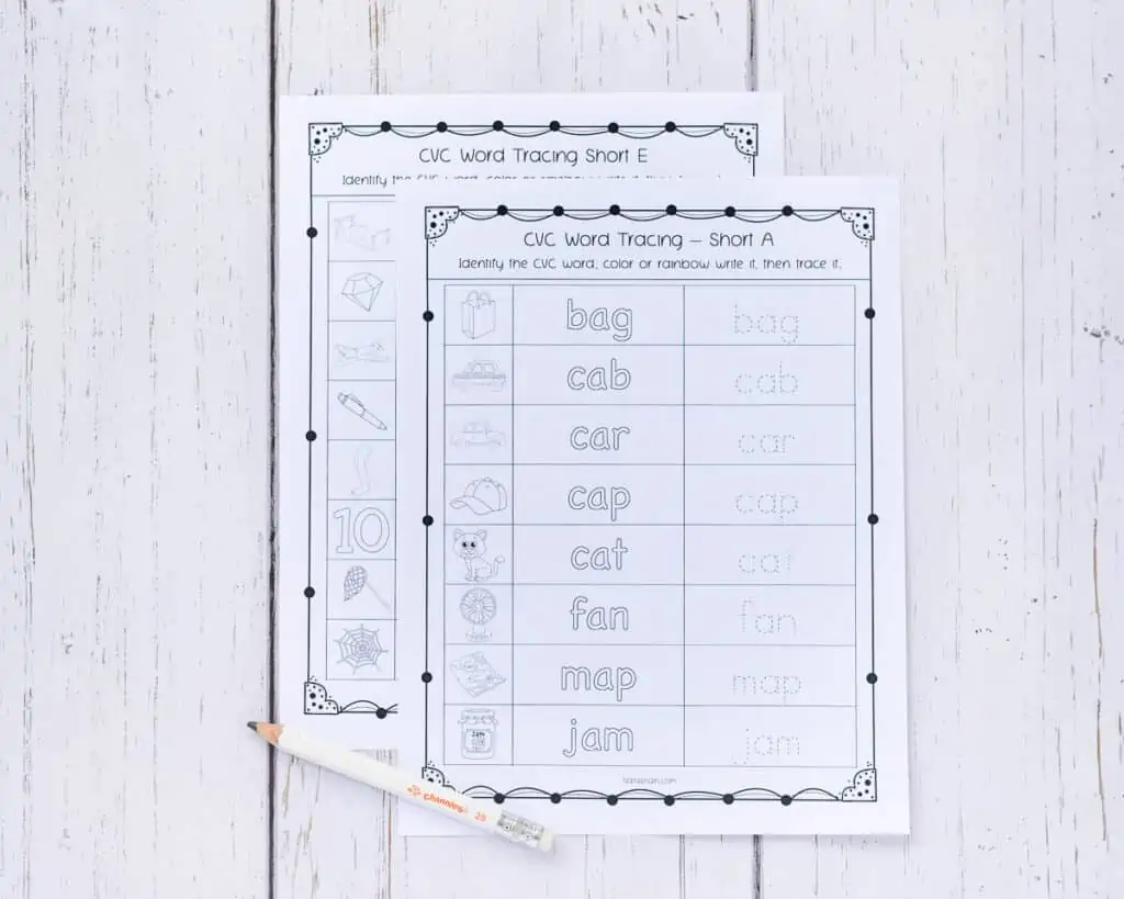 A preview of two printed short vowel CVC short word worksheets