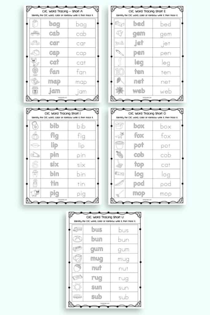 A preview of five printable CVC word tracing worksheets with eight CVC words to trace on each page