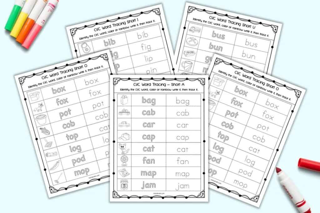 a preview of five CVC word tracing worksheets
