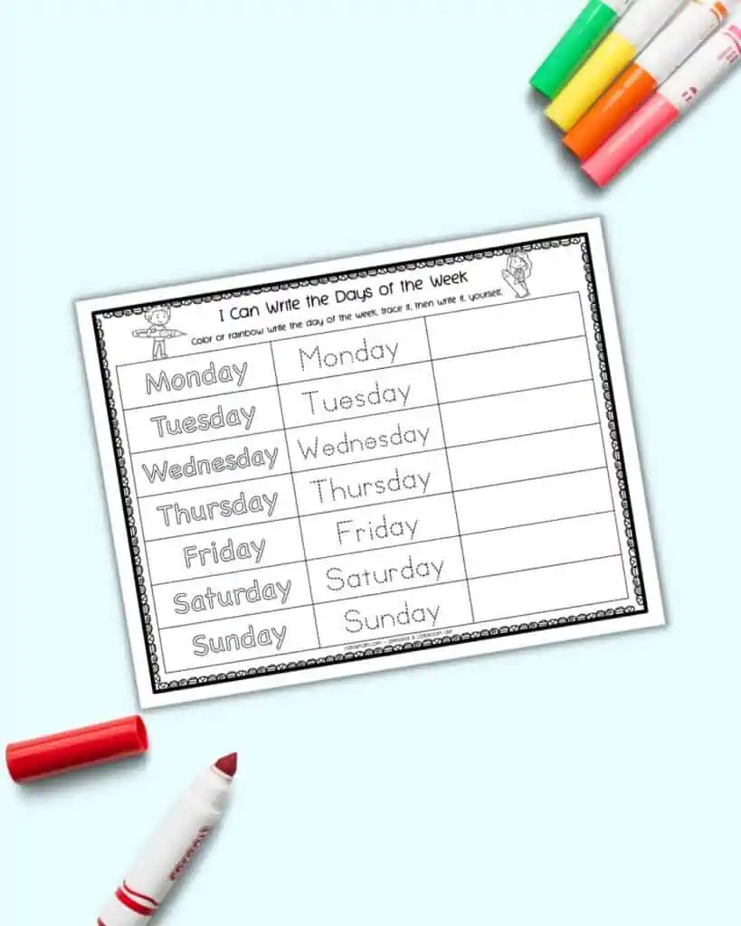 A days of the week tracing worksheet for pre-k and kindergarten students. Each day has the font in bubble letters, the word in a dotted tracing font, and a space for free writing.