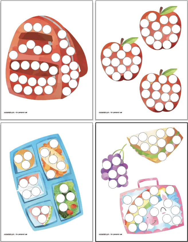 A preview of four school themed dot marker pages including a backpack, apples, a lunch tray, and a lunchbox with grapes and a sandwich 