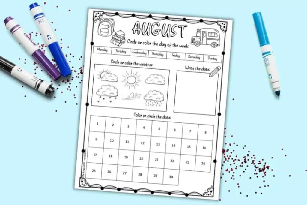 A preview of a printable August worksheet calendar for kids. The calendar allows a child to circle the date and day of the week, write the date, and color the weather.
