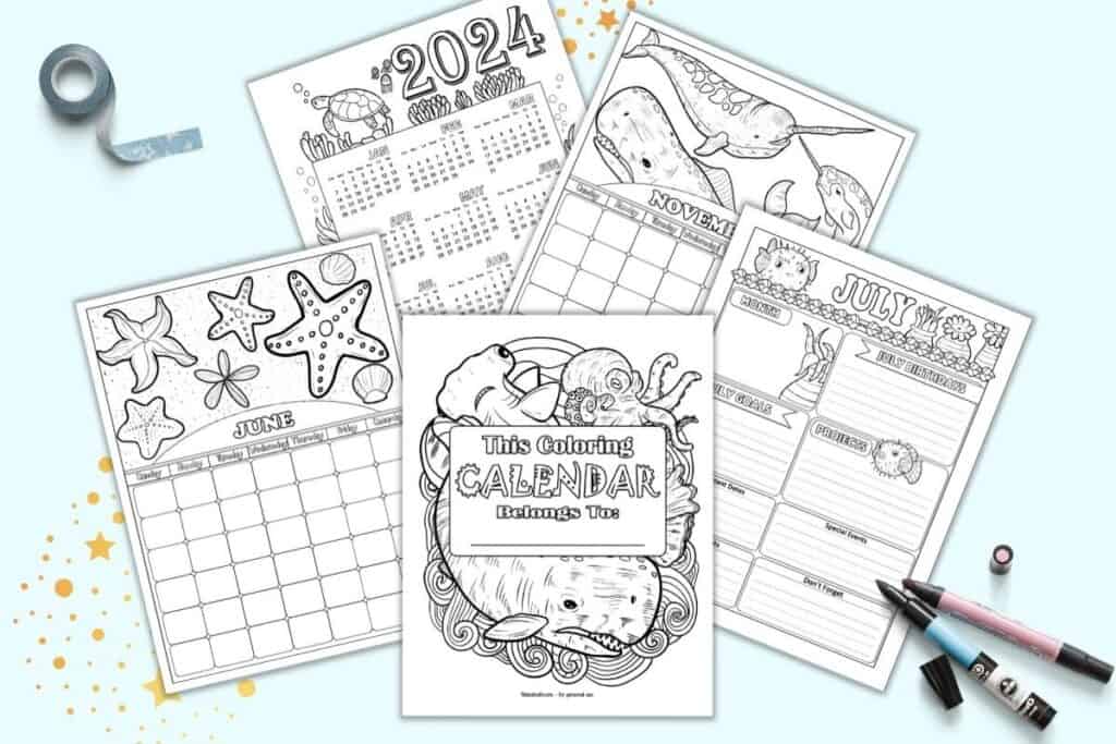 A preview of five black and white printable calendar pages. The front page says "This coloring calendar belongs to:..." and behind is a mini calendar for 2024, a monthly calendar for June and one for November, and and important dates planner pages for July.