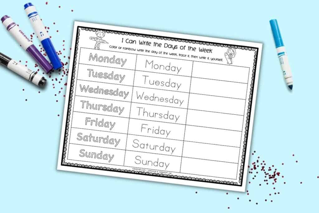 A preview of a days of the week tracing page for pre-k and kindergarten